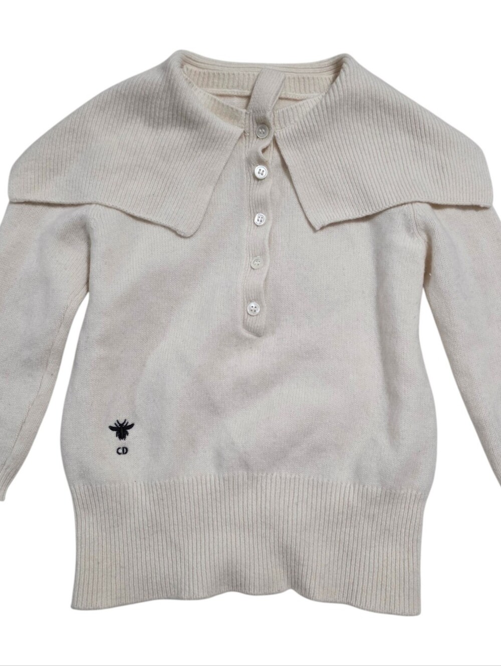 cream/ivory knit collared button up 3/4 sleeve cape sweater
